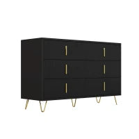 Credenza con 6 cassetti, maniglie e gambe dorate, texture ondulata, 120x40x77 cm, Nero e Oro