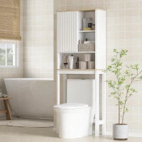 Mobile Sopra WC con Porta a Doghe, Scomparti e Ripiano Regolabile, 65x25x170 cm, Bianco