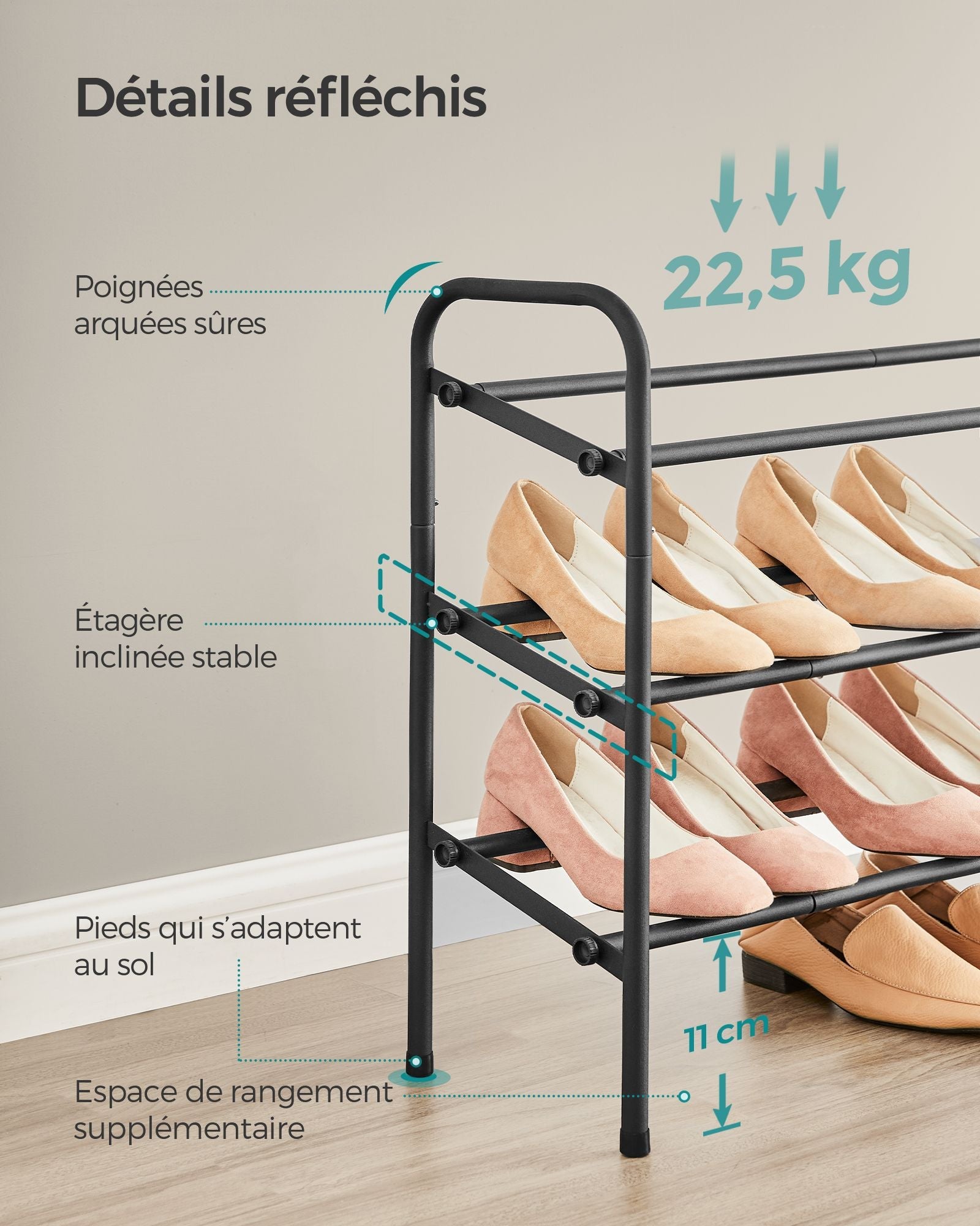 Scarpiera a 2 ripiani regolabile per ingresso facile da montare in metallo nero 12_0005463