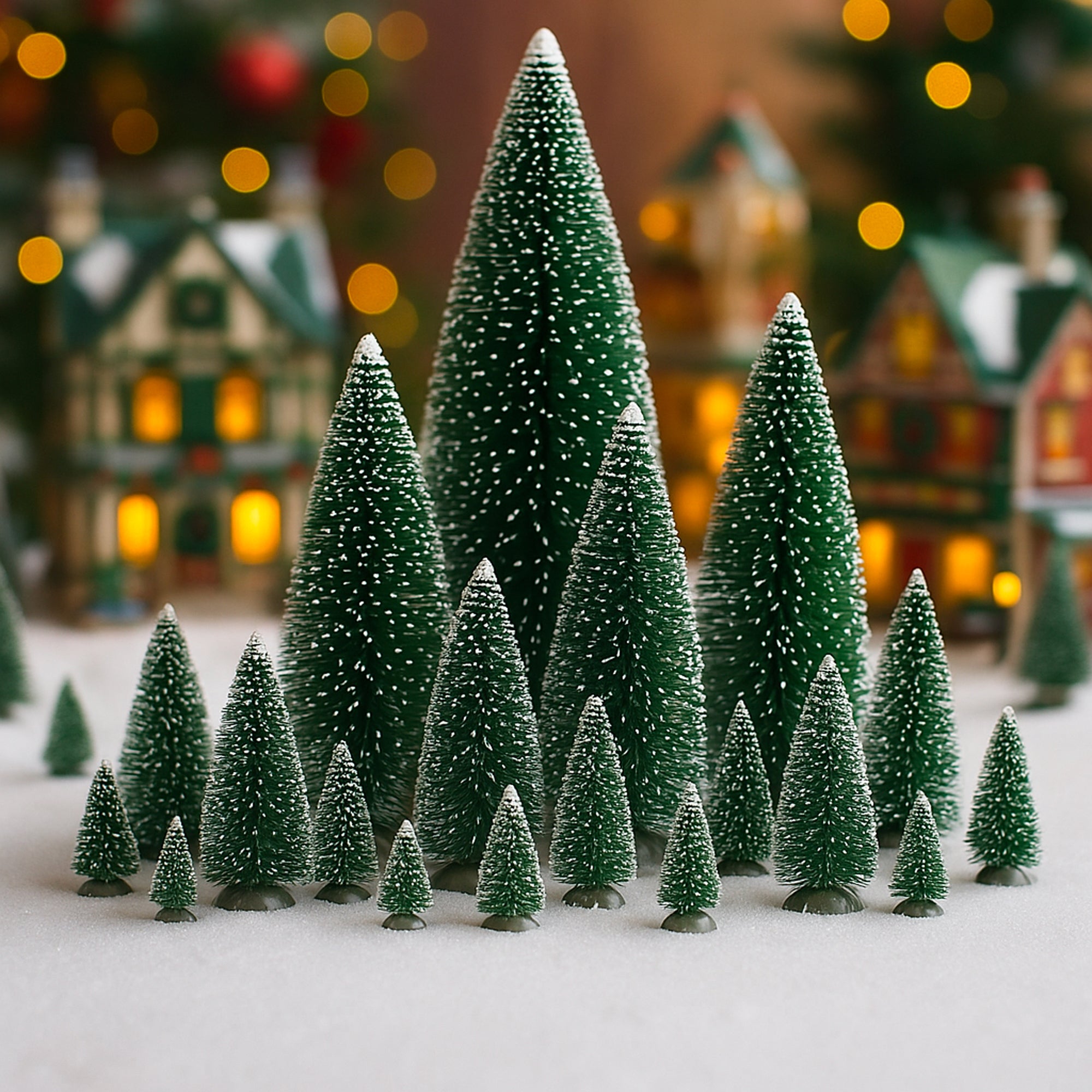 Set 21 Pini Alberi Assortiti per Villaggi Natalizi Varie Dimensioni in Poliestere Verde