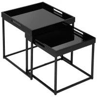 Set da 2 Tavolini da Caffè Impilabili con Finitura Lucida e Telaio in Acciaio, Nero