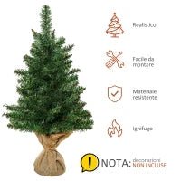 Albero di Natale Mini 60cm con 70 Rami Folti e Aghi Realistici in PVC, Base in Cemento e Iuta