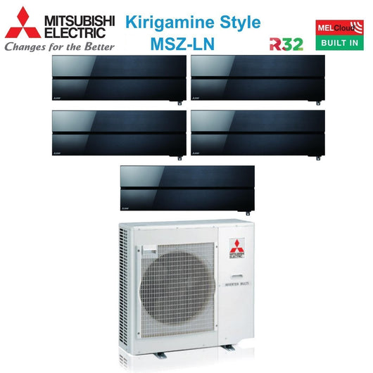 Climatizzatore Condizionatore Mitsubishi Electric Penta Split Inverter serie Kirigamine Style MSZ-LN 9+9+9+9+12 con MXZ-5F102VF Onyx Black R-32 Wi-Fi Integrato Colore Nero 9000+9000+9000+9000+12000