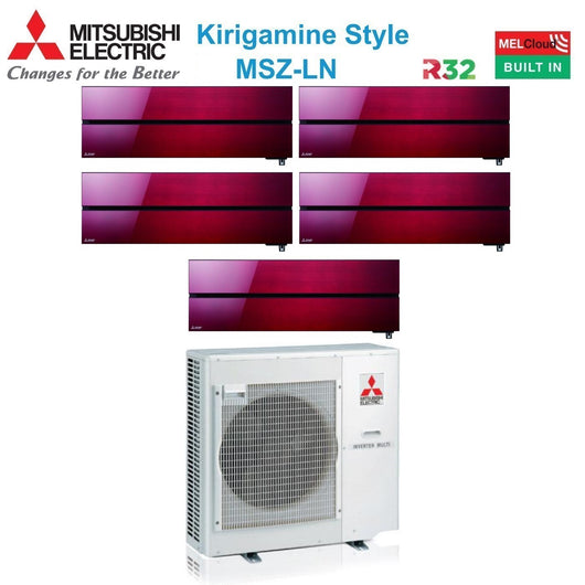 Climatizzatore Condizionatore Mitsubishi Electric Penta Split Inverter serie Kirigamine Style MSZ-LN 9+9+9+9+12 con MXZ-5F102VF Ruby Red R-32 Wi-Fi Integrato Colore Rosso 9000+9000+9000+9000+12000