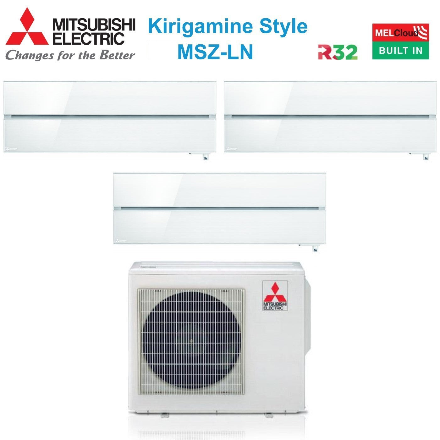 Condizionatore Mitsubishi Electric Trial Split Inverter serie Kirigamine Style MSZ-LN 9000+12000+12000 con MXZ-4F72VF Pearl White R-32 Wi-Fi Integrato Colore Bianco Perla