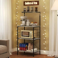 Scaffale Cucina a 4 Livelli con Pannelli a Rete e 8 Ganci Stile Industriale, 60x42x134.5 cm, Rovere