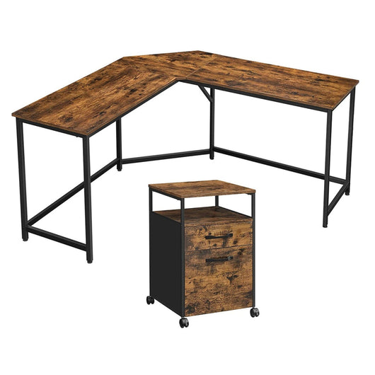 Scrivania angolare e postazione di lavoro mobile 149 x 149 x 75 cm con mobiletto portaoggetti 2 cassetti tavolo a L in stile industriale per telelavoro marrone 12_0004565