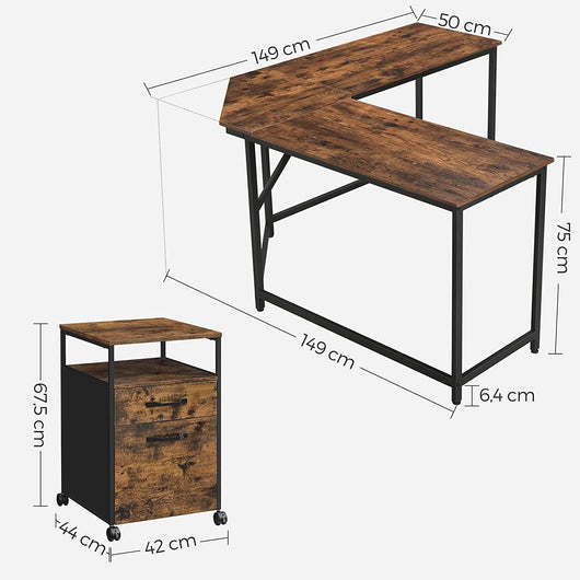 Scrivania angolare e postazione di lavoro mobile 149 x 149 x 75 cm con mobiletto portaoggetti 2 cassetti tavolo a L in stile industriale per telelavoro marrone 12_0004565