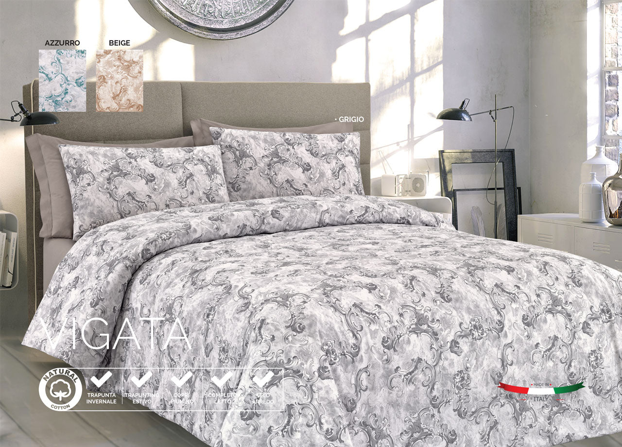 Completo Lenzuola In 100% Cotone Disegno Vigata - Matrimoniale - Grigio