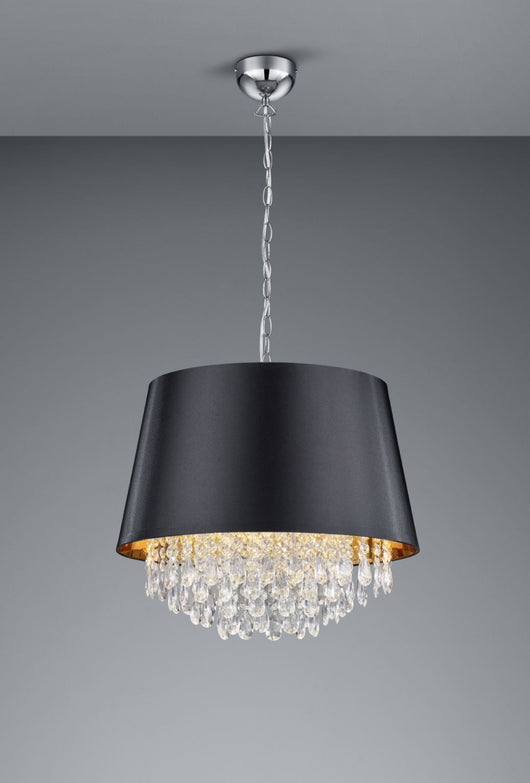 LORELEY SOSPENSIONE CROMATA PARALUME STOFFA NERO INTERNO ORO CON PENDAGLI TRASPARENTI D. 50CM 3 LUCI ATTACCO E14