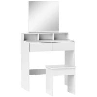 Tavolo da Trucco con Specchio, 3 Ripiani, 2 Cassetti e Sgabello, in Legno, 75x38x135 cm, Bianco