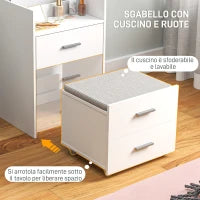 Tavolo da Trucco in Legno con Specchio Ribaltabile, 2 Cassetti e Sgabello, 50x40x113.5 cm, Bianco