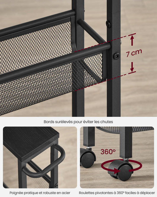 Carrello di servizio sottile con ripiano mobile ruote girevoli a 360° struttura in metallo per cucina soggiorno ufficio marrone rustico e nero 12_0005293