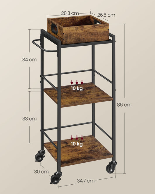 Carrello da cucina in stile industriale con vassoio estraibile con piedini regolabili e ruote ripiano cucina struttura in ferro 65 x 40 x 86 cm marrone rustico 12_0005298