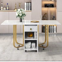 Tavolo da cucina versatile e pieghevole con ruote, con credenza e 2 cassetti, 150x80x76 cm, Bianco e Oro