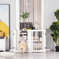 Recinzione per Cani 4 Pannelli, 204 x 75 cm, Recinzione Pieghevole con Porta, Recinzione per Cani Autoportante con 2 Piedi di Supporto, Recinzione per Scale in Legno per Ingresso, Cucina, Scala, Bianco