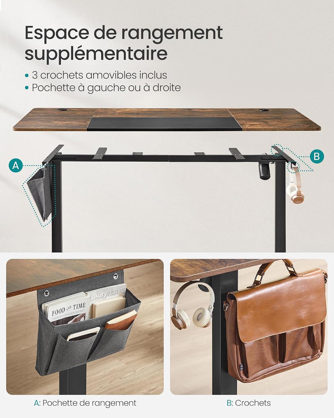 Scrivania elettrica regolabile in altezza con memoria a 4 altezze struttura in acciaio piano spesso 140 x 60 x (72-120) cm marrone rustico e nero 12_0004553
