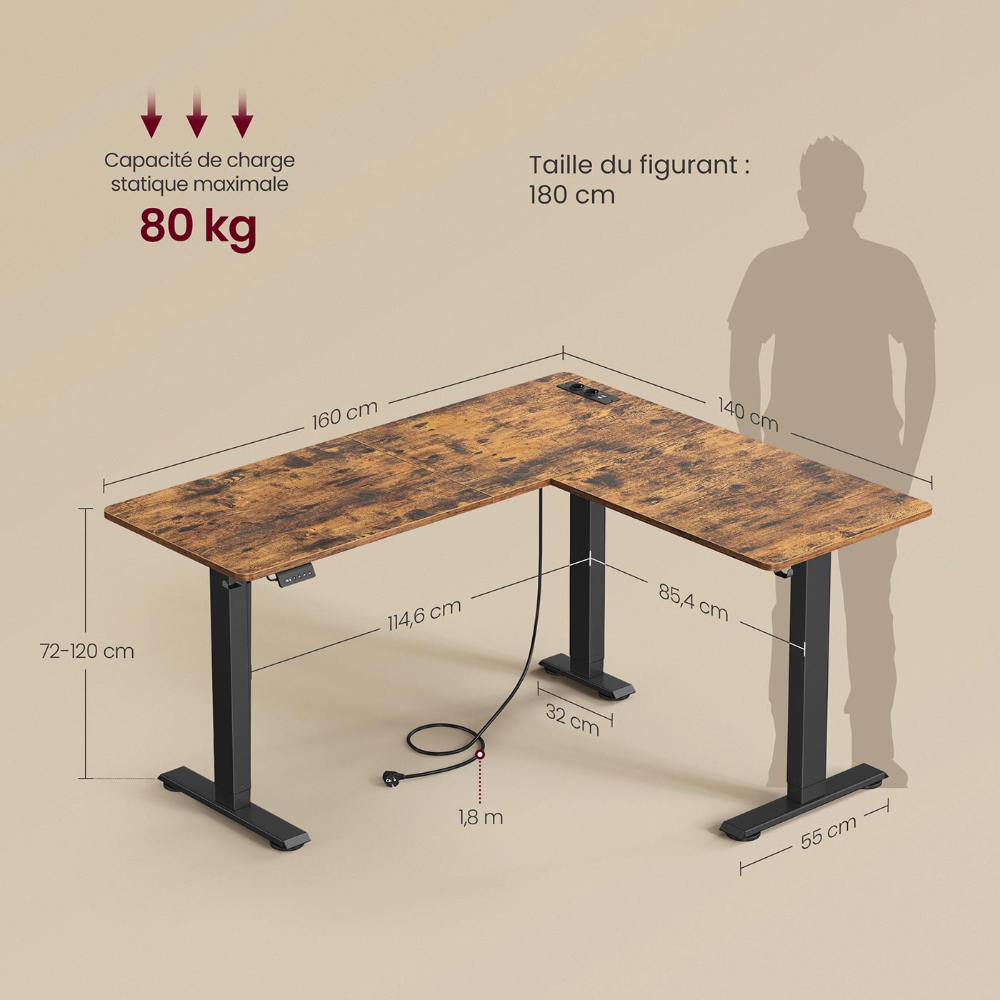 Scrivania angolare regolabile elettricamente in altezza 140 x 160 cm con funzione di memoria per multipresa 2 altezze per telelavoro marrone 12_0004614