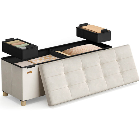 Panca contenitore pieghevole a cubo 38 x 110 x 40 cm pouf poggiapiedi 112 litri superficie in velluto per camera da letto soggiorno camerata beige 12_0004145