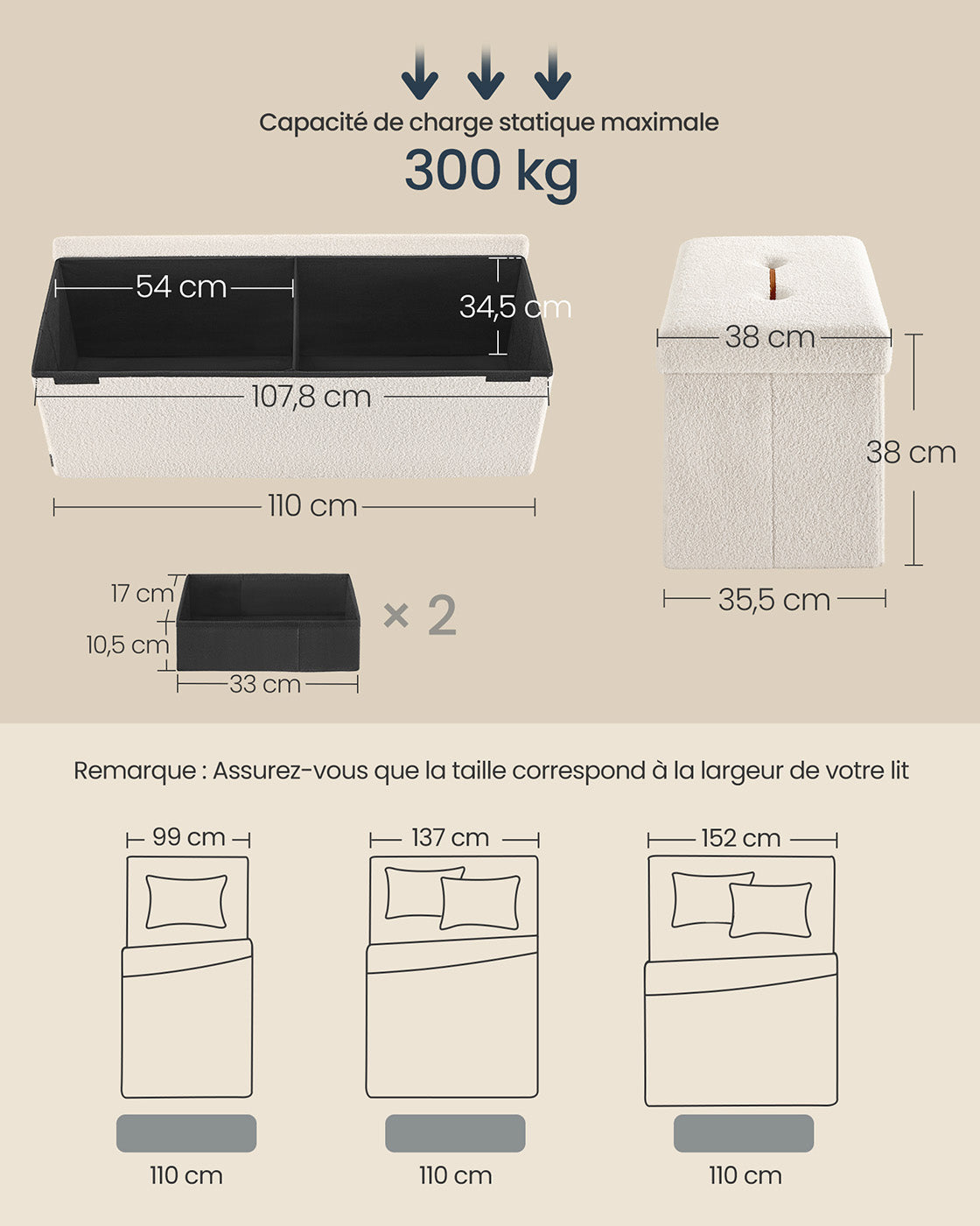 Sgabello contenitore pouf poggiapiedi pieghevole 38 x 110 x 38 cm contenitore capacità di carico fino a 300 kg per soggiorno camera da letto corridoio bianco crema 12_0006093