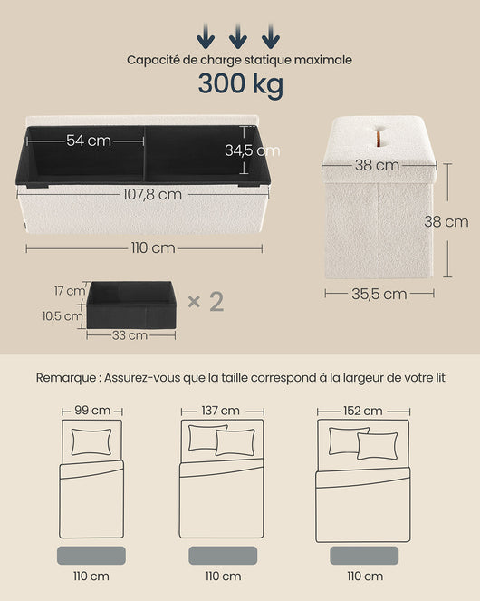 Sgabello contenitore pouf poggiapiedi pieghevole 38 x 110 x 38 cm contenitore capacità di carico fino a 300 kg per soggiorno camera da letto corridoio bianco crema 12_0006093