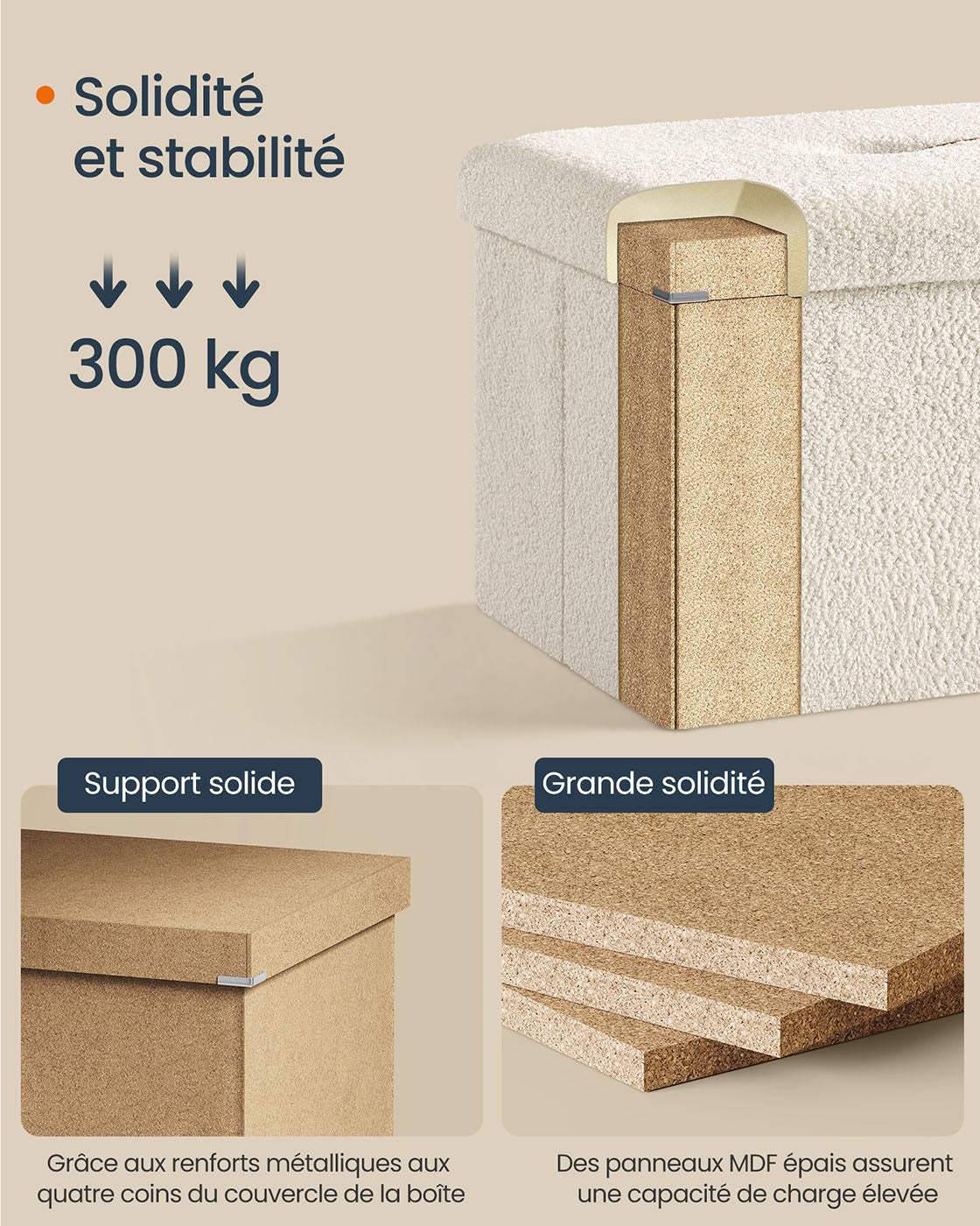 Sgabello contenitore pouf poggiapiedi pieghevole 38 x 110 x 38 cm contenitore capacità di carico fino a 300 kg per soggiorno camera da letto corridoio bianco crema 12_0006093