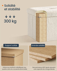 Sgabello contenitore pouf poggiapiedi pieghevole 38 x 110 x 38 cm contenitore capacità di carico fino a 300 kg per soggiorno camera da letto corridoio bianco crema 12_0006093