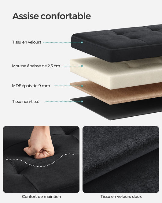 Panca contenitore in velluto con coperchio e 2 divisori estraibili capacità di carico 300 kg per ingresso soggiorno camera da letto nero 12_0004159