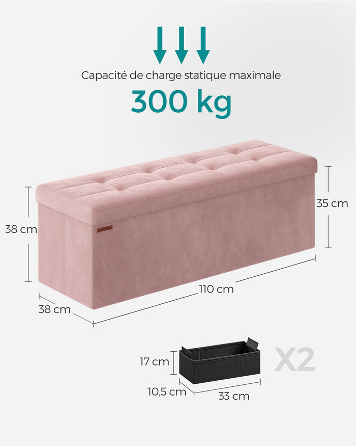 Pouf contenitore in velluto con coperchio con 2 divisori estraibili portata 300 kg per corridoio soggiorno camera da letto rosa 12_0004163