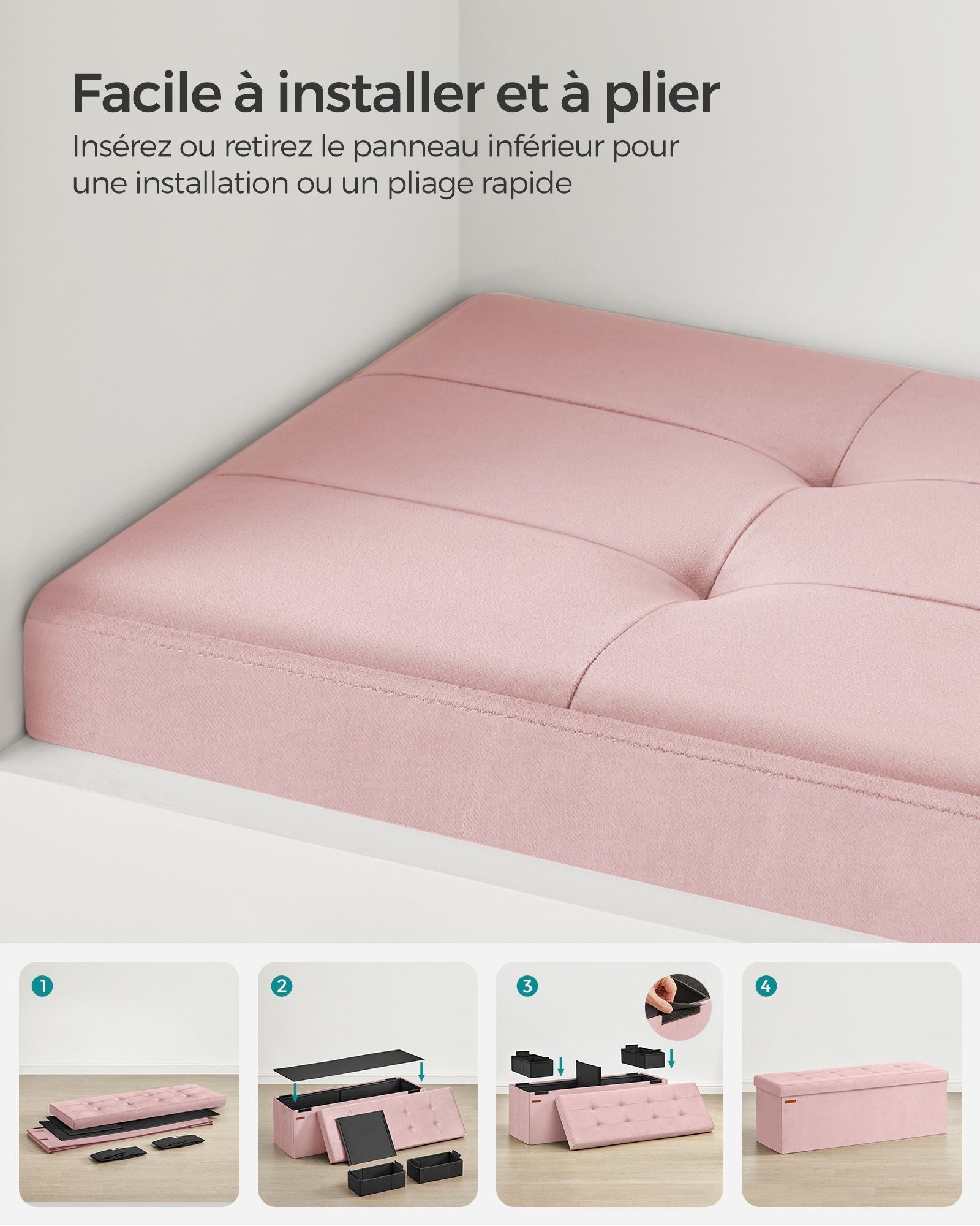 Pouf contenitore in velluto con coperchio con 2 divisori estraibili portata 300 kg per corridoio soggiorno camera da letto rosa 12_0004163