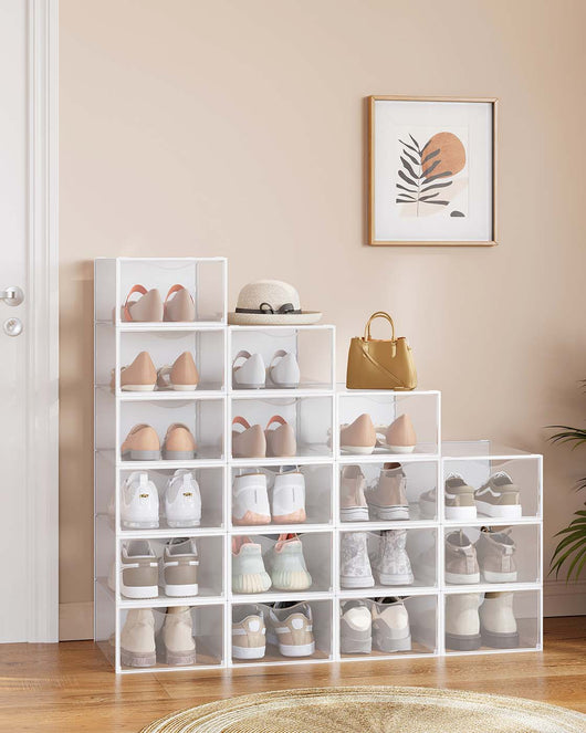 Scatole portascarpe in plastica con porta set da 12 impilabili facili da montare 332 x 23 x 145 cm per taglie fino a 43 trasparenti e bianche 12_0004465