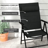 Set 2 Sedie Pieghevoli con Schienale Reclinabile e Poggiatesta, in Alluminio e Poliestere, 54x67x108 cm, Nero