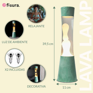Lampada lava con base in giada, con liquido trasparente e lava color menta.