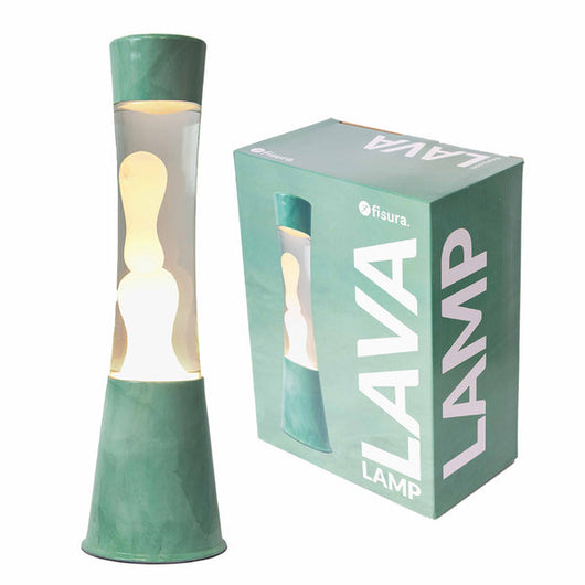 Lampada lava con base in giada, con liquido trasparente e lava color menta.