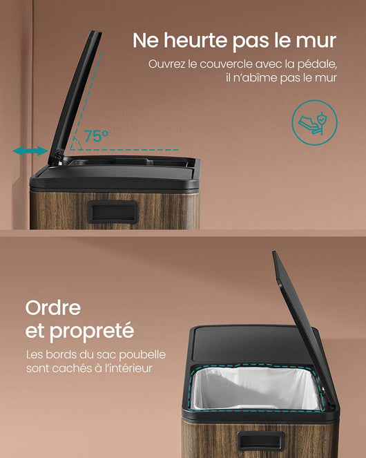 Pattumiera a pedale con doppio scomparto 2 x 30 litri in acciaio inox anti-impronta secchio interno in plastica con manico marrone 12_0007162