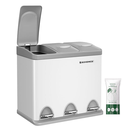 Pattumiera da cucina 46 x 245 x 395 cm resistente con pedali e 3 scomparti per la raccolta differenziata acciaio inox bianco 12_0007239