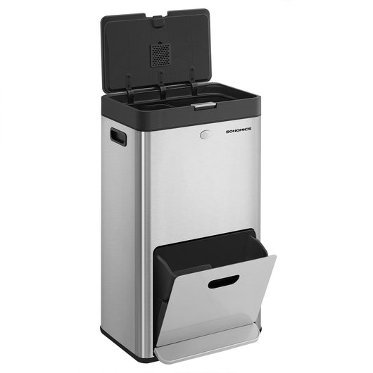 Pattumiera da cucina con capacità di 2 x 17 litri e 26 litri 3 scomparti per rifiuti domestici rifiuti alimentari e materiali riciclabili filtro al carbone pedale larga argento 12_0007244