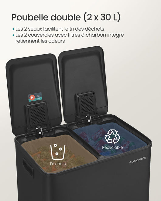 Pattumiera da cucina 2 x 30 litri 2 scomparti pattumiera a pedale con coperchio a chiusura ammortizzata secchi interni in acciaio 15 sacchi per la spazzatura inclusi nero 12_0007180