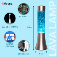 Lampada lava glitter da 30 cm con base argento e liquido blu