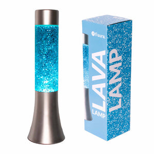 Lampada lava glitter da 30 cm con base argento e liquido blu
