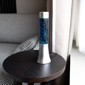 Lampada lava glitter da 30 cm con base argento e liquido blu