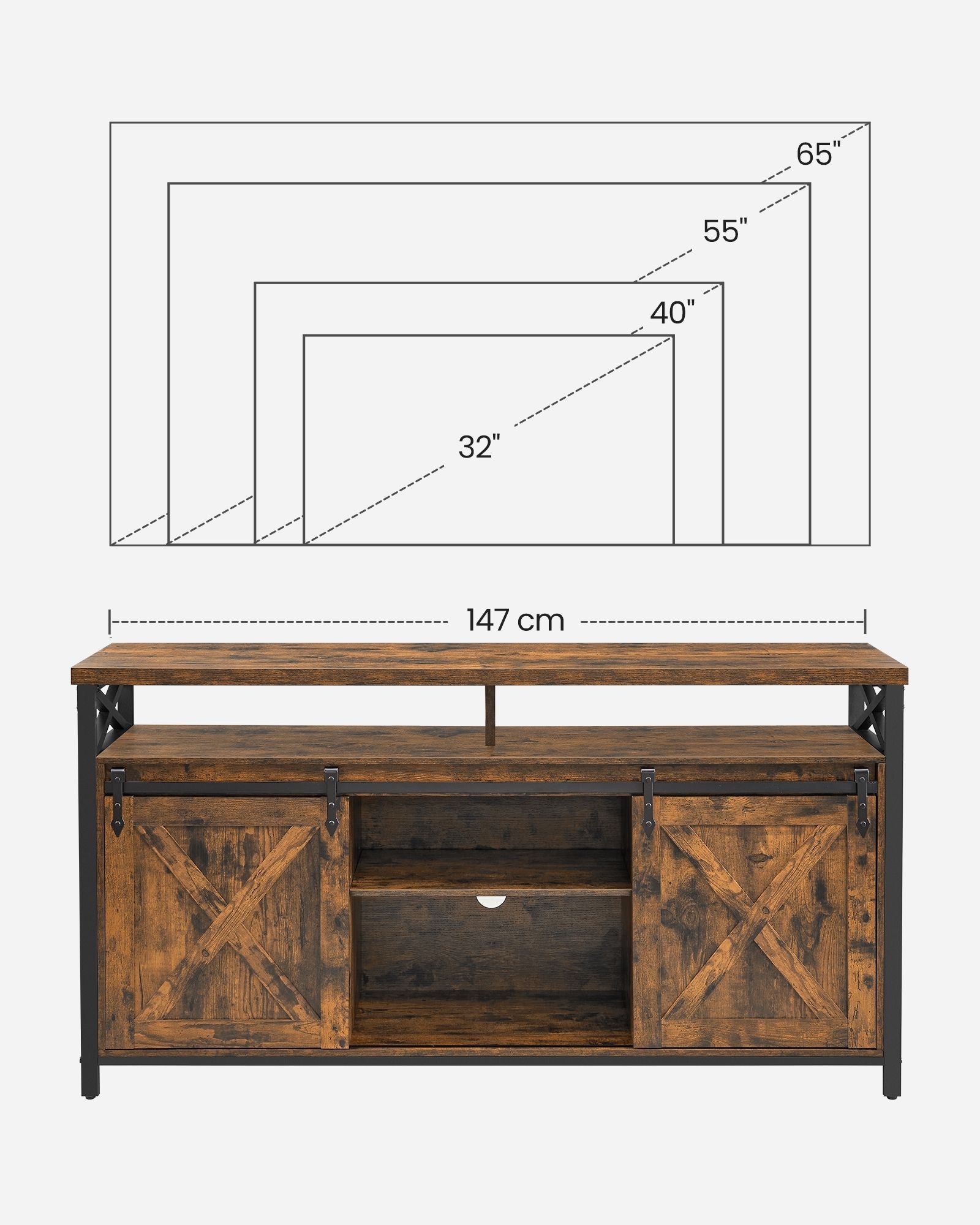 Mobile porta TV per TV fino a 65 pollici con ripiani regolabili 40 x 147 x 76 cm ante in stile fienile rustico struttura in metallo marrone e nero rustico 12_0006574