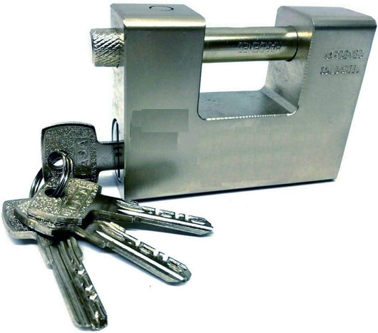 LUCCHETTO CORAZZATO IN ACCIAIO TEMPRATO ANTISCASSO, CATENACCIO PER SERRANDE 94MM