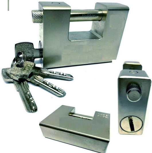 LUCCHETTO CORAZZATO IN ACCIAIO TEMPRATO ANTISCASSO, CATENACCIO PER SERRANDE 94MM