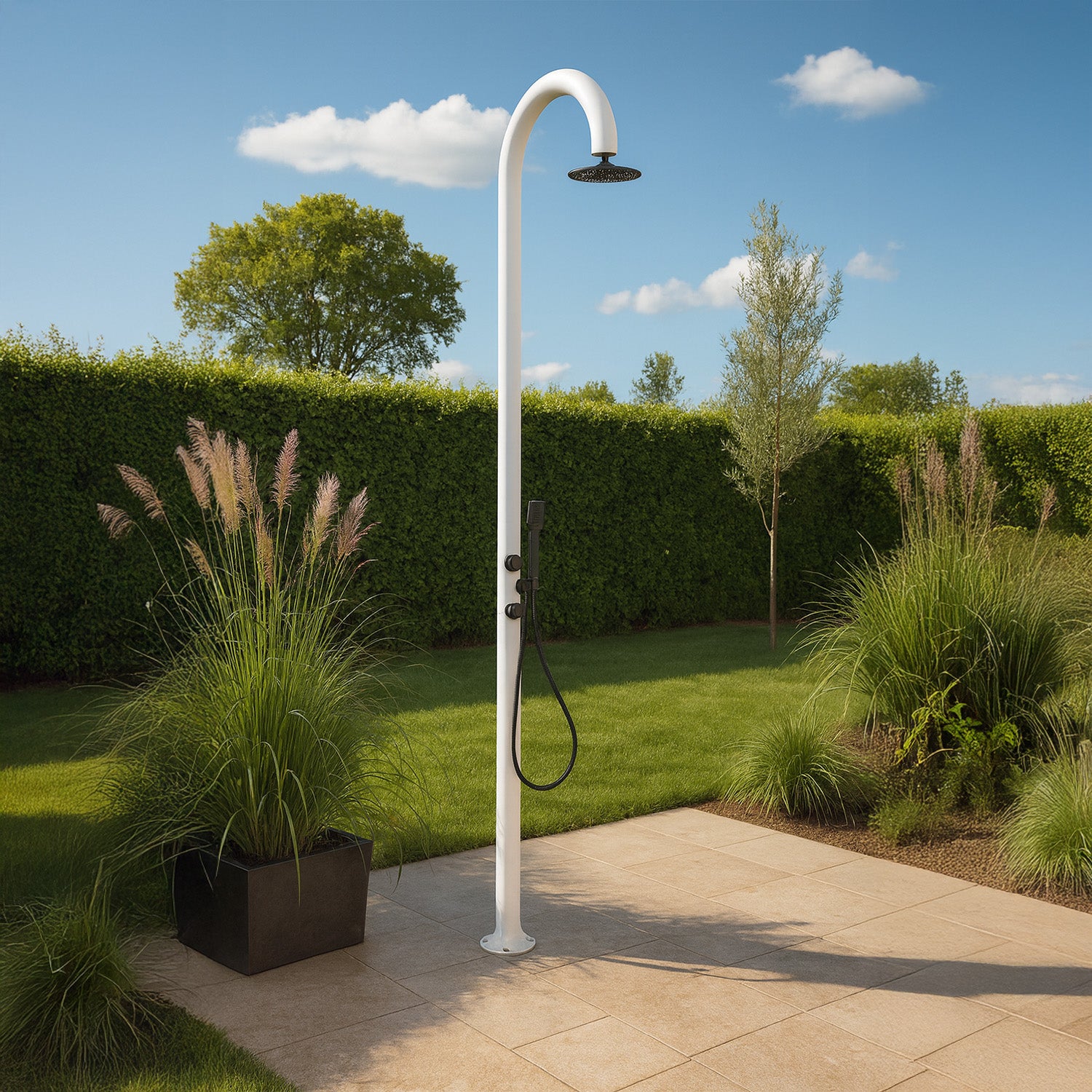 SINED Doccia Bianca In Alluminio Luna Con Doccino Mobile per Acqua Calda e Fredda Soffione Rotondo Doppio Attacco Inferiore e Laterale Ugelli Anticalcare LUNA ALU D BIANCA