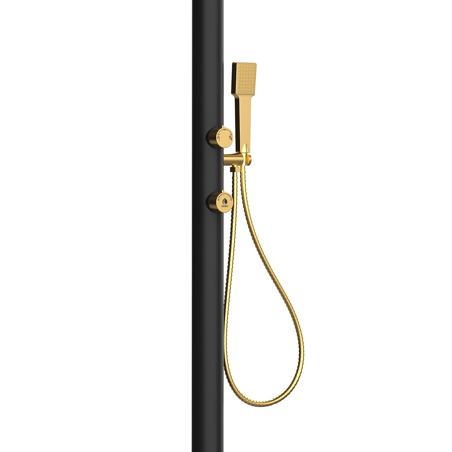 SINED Doccia in Alluminio Nero e Oro con Doccino Mobile per Acqua Calda e Fredda Soffione Rotondo Anticalcare Doppio Attacco Inferiore e Laterale Modello LUNA ALU D NERA ORO