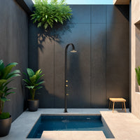 SINED Doccia In Alluminio Nera e Oro Con Soffione Circolare e Ugelli Anticalcare Doppio Attacco Acqua Calda o Fredda Sia Agli Spazi Interni Che Esterni Modello LUNA ALU NERA ORO