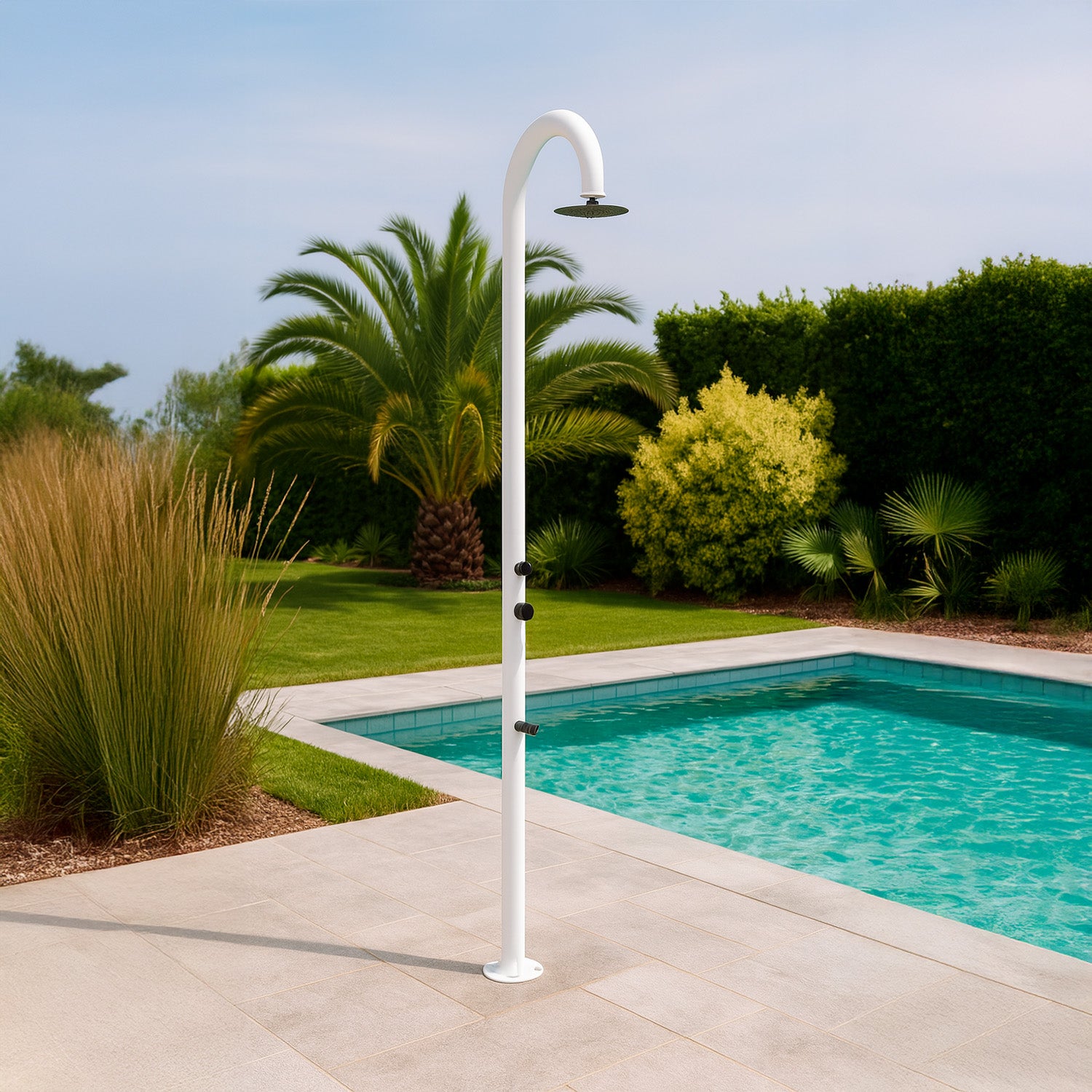 Sined Luna Timer p Bianca Doccia In Alluminio Doppio Attacco Acqua Fredda Laterale o Inferiore Su Un Unico Tubo Interno Doccia Acqua Fredda Temporizzata Con Soffione Lavapiedi e Miscelatore Bianco