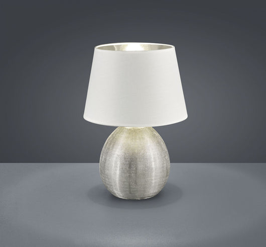 LUXOR LAMPADA TAVOLO GRANDE BASE CERAMICA ARGENTO E PARALUME BIANCO INTERNO ARGENTO H. 35CM D. 24CM ATTACCO E27