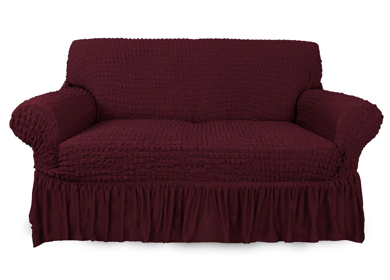 Copridivano Elasticizzato Arricciato Con Volants Tinta Unita Luxory Bordeaux - 2 Posti - Bordeaux